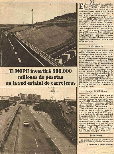 El MOPU invertir 800.000 millones de pesetas en la red estatal de carreteras (Diario Ya, 31 de diciembre de 1985)